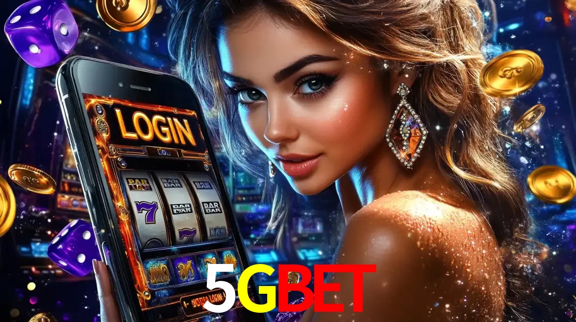 Mulher glamorosa segurando um smartphone com a tela de login para os jogos de caça-níqueis do cassino online 5GBET, com moedas de ouro e dados ao redor.