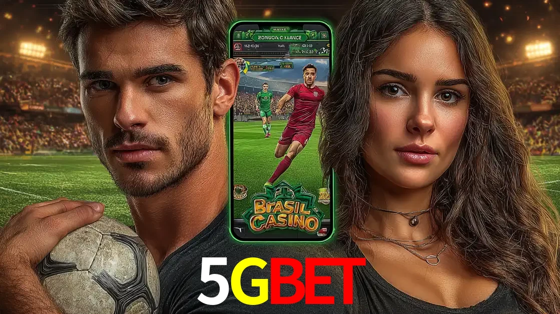 Homem segurando uma bola de futebol e uma mulher ao lado de um smartphone exibindo o jogo de apostas esportivas da 5GBET. Faça seu palpite no cassino online.